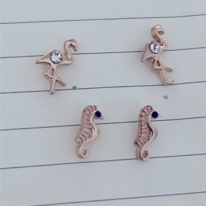 Flamingo and flamingo earrings. With gem. And black studs.